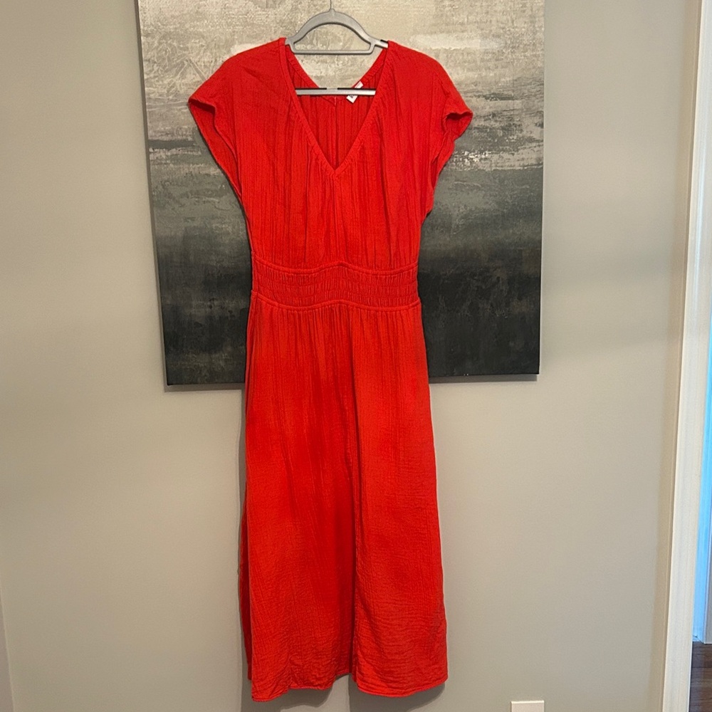 GAP Bright Red V-Neck Midi Dress with Waist Detail